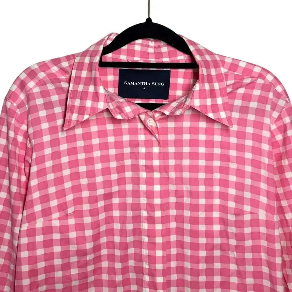 Samantha Sung Pink White Gingham Check Preppy Spring Summer Button Up Shirt - 4